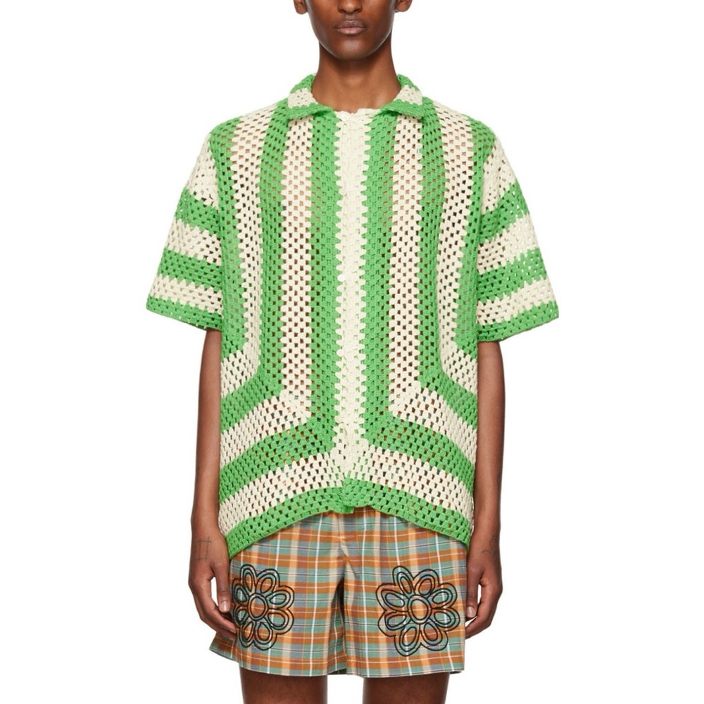 Bode Crochet Shirt (Sz S/M) Flagship Short Sleeve Button Up Striped Green Cream